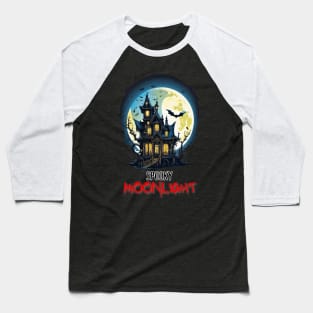 Spooky Moonlight Haunted House Halloween Baseball T-Shirt